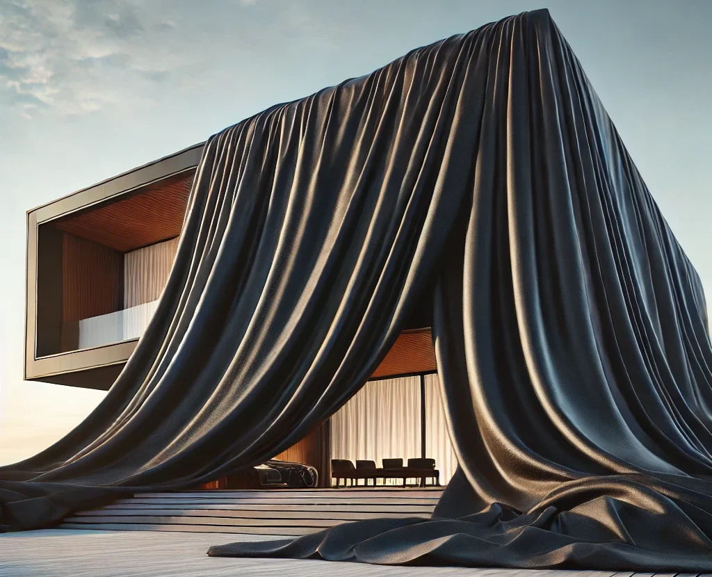 Luxury villa in a modern, cubist design with dramatic black fabric cladding. Exclusive architecture in Port Andratx, Mallorca. Elegant minimalism meets avant-garde aesthetics.